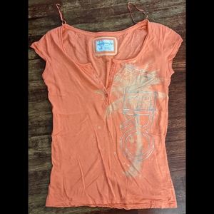 Aeropostale Y2K orange v neck button up palm tree Boho Beachy graphic shirt